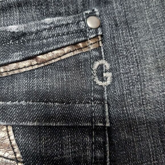 Guess denim skirt size 31 length 18 5". Embroidered logo and embellished rear po - Picture 6 of 8